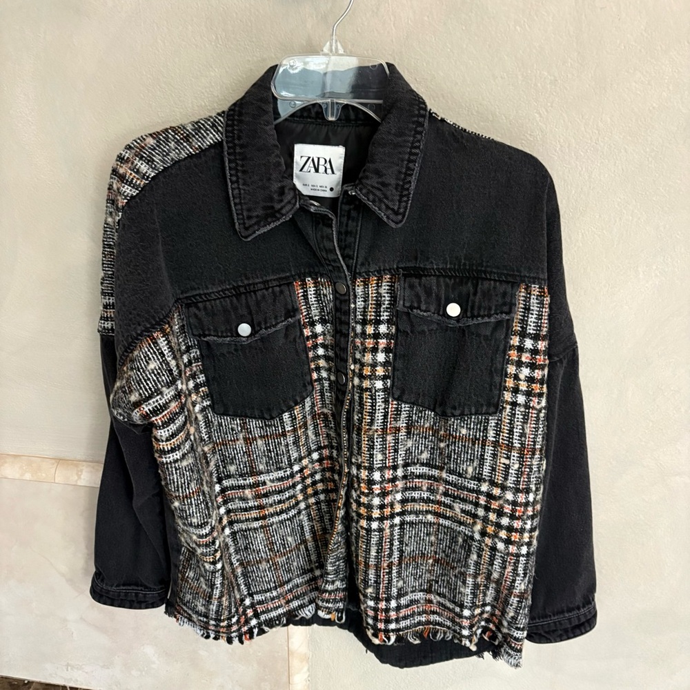 Zara Black and Gray Checkered Denim and Wool Jacket